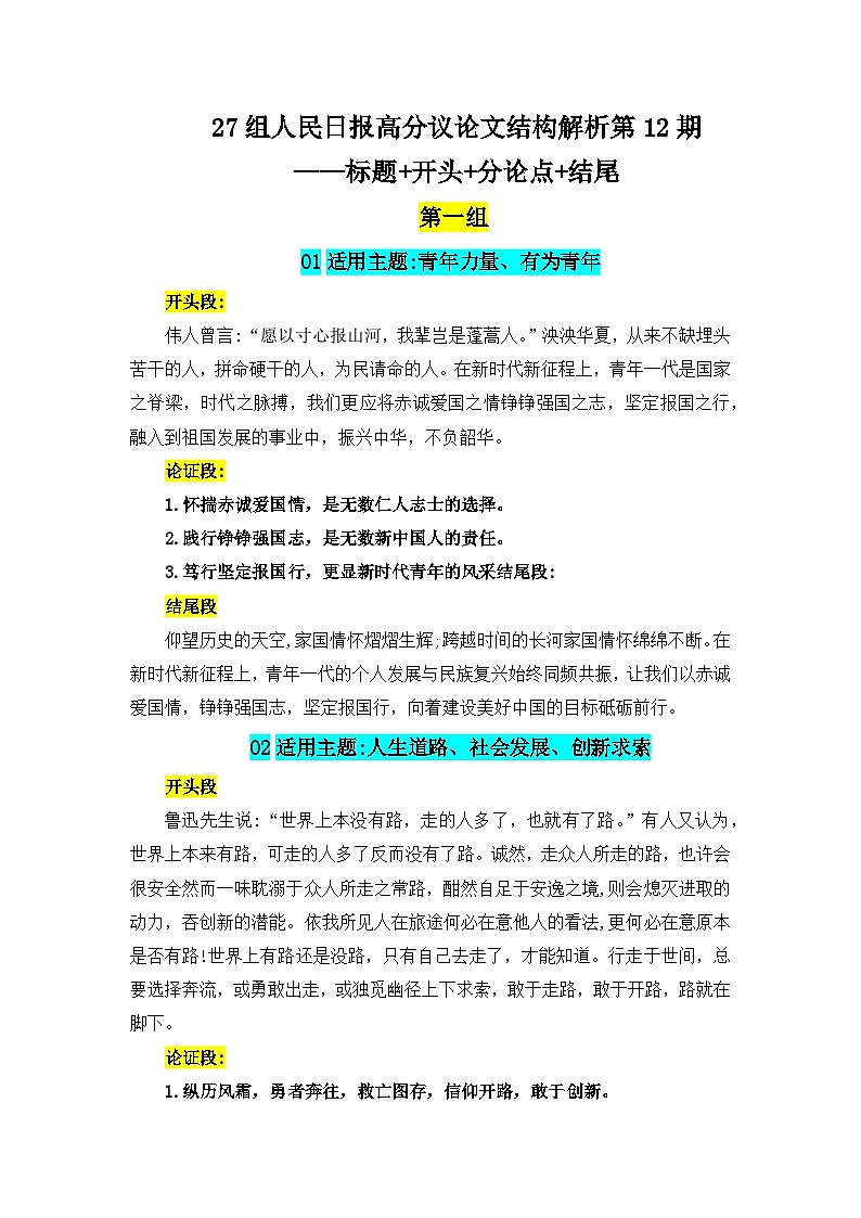 27组人民日报高分议论文结构解析第12期（标题 开头 分论点 结尾）-备战2025年高考语文写作月月热点素材专练（全国通用）第1页