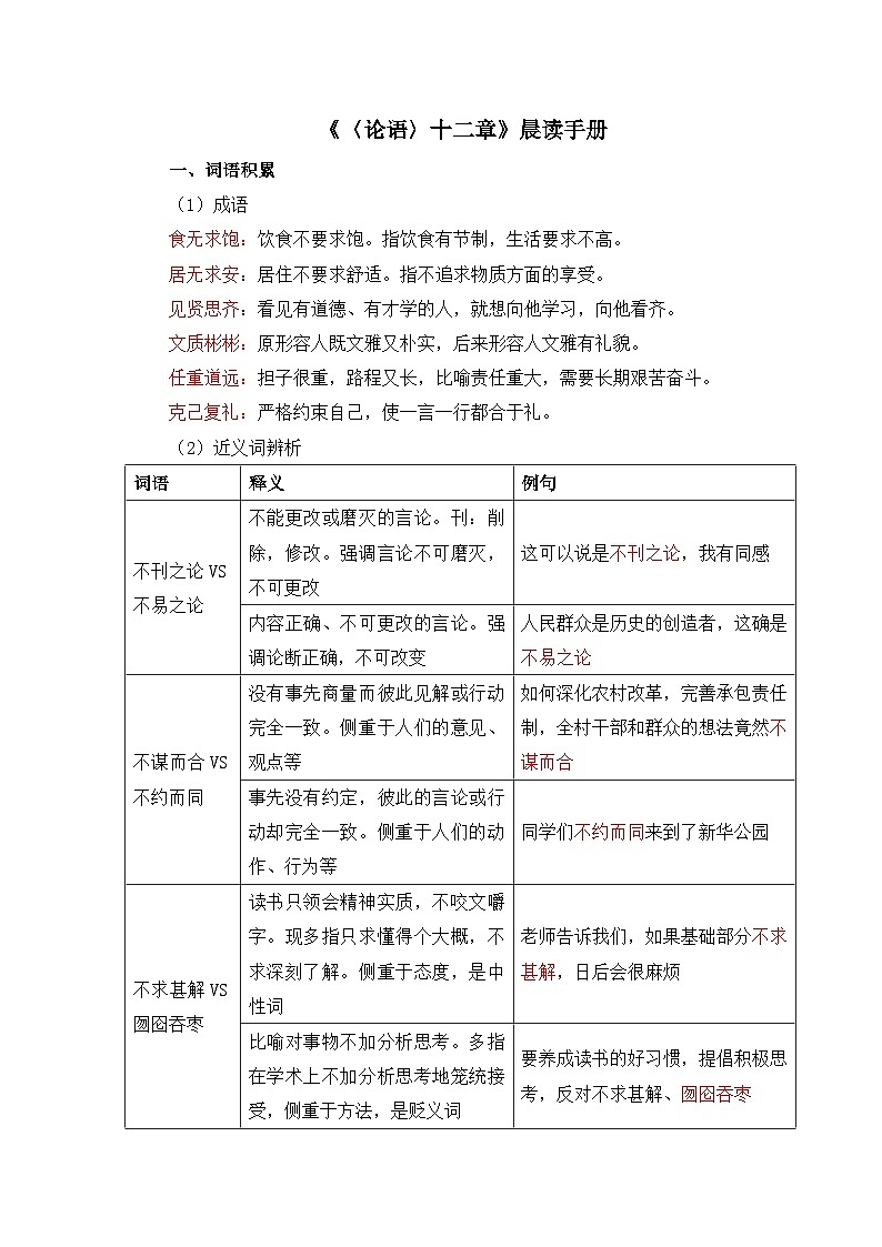 高中语文 人教统编版 选择性必修上册  第二单元《〈论语〉十二章》晨读手册  讲义第1页