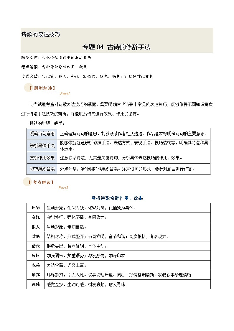 04 古诗中的修辞手法（三种变式）（古诗阅读考点变式解读·诗歌的表达技巧）-2025年高考语文古代诗歌阅读高频考点解读与变式练（新高考通用）（解析）第1页
