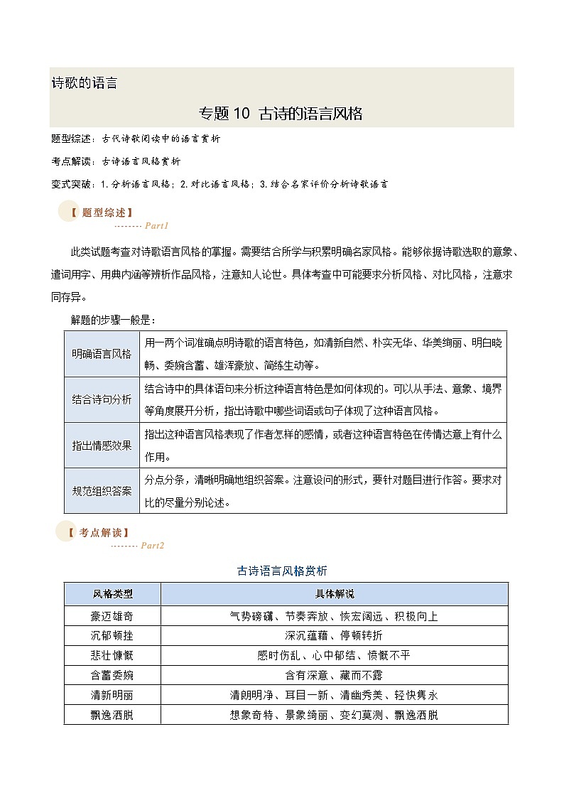 10 古诗的语言风格（三种变式）（古诗阅读考点变式解读·诗歌的语言）-2025年高考语文古代诗歌阅读高频考点解读与变式练（新高考通用）（原卷）第1页