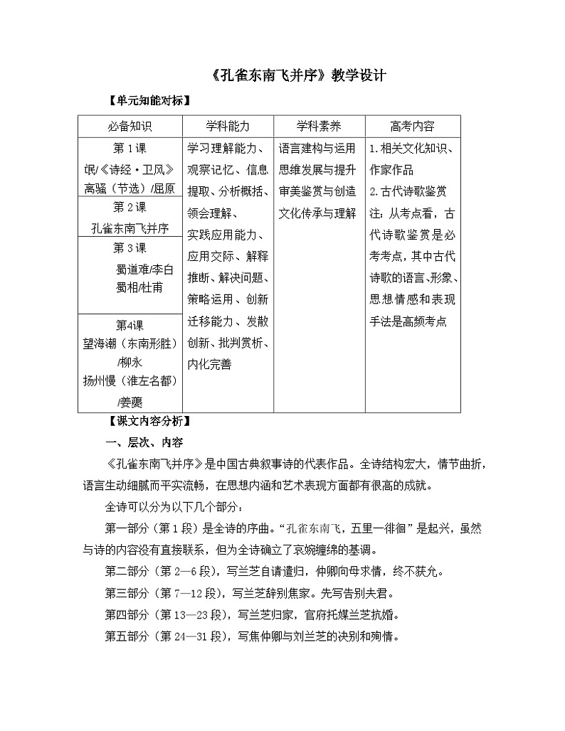 高中语文 人教统编版选择性必修下册  第一单元《孔雀东南飞并序》名师教学设计第1页