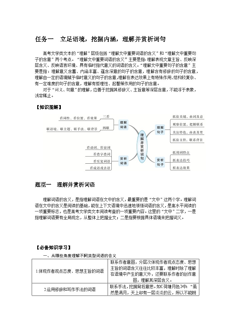 2025年高中语文全程复习规划（统编版） 题型研究 2.3.2.1 任务一 立足语境，挖掘内涵，理解并赏析词句（练习）第1页