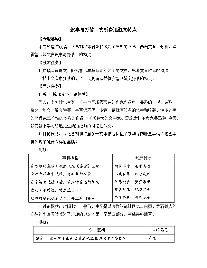 高中语文 人教统编版选择性必修中册《【阅读专题2】叙事与抒情：赏析鲁迅散文特点》教学设计第1页