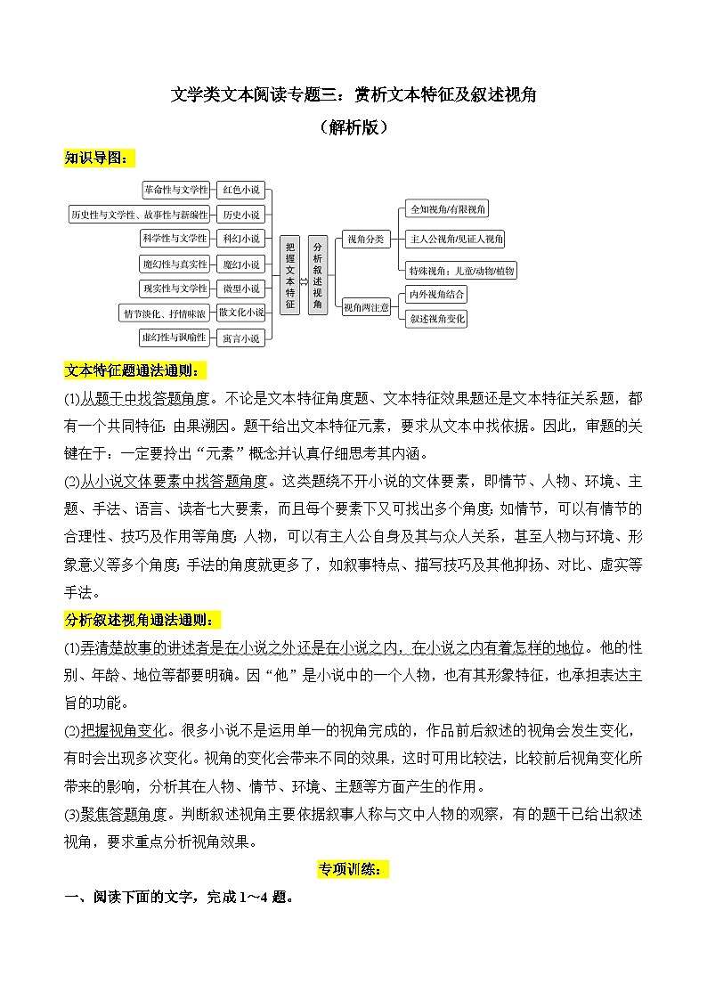 2025年新高考语文二轮复习文学类文本阅读专题三：赏析文本特征及叙述视角（解析版）（全国通用）第1页