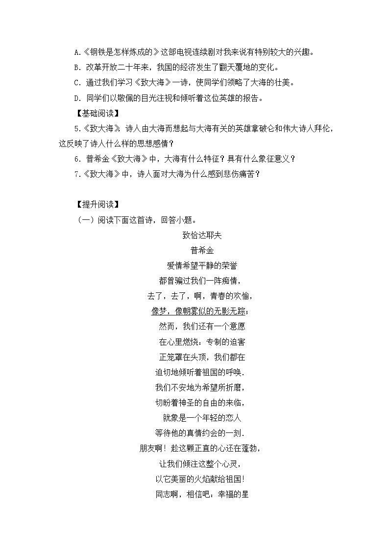 人教统编版高中语文选择性必修中册  第四单元 13*《致大海》练习(原卷版   无答案)第2页