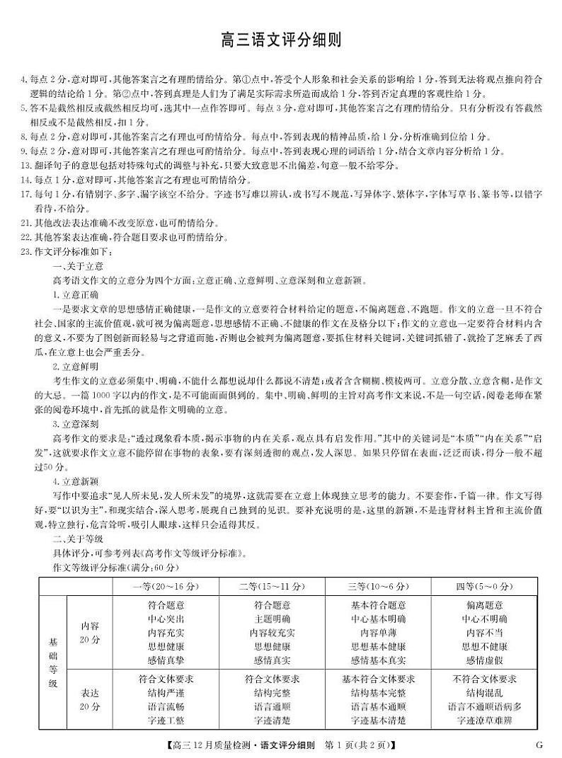 语文评分细则-12月质量检测（G）第1页