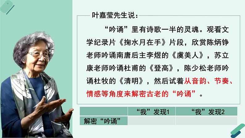 人教统编版高中语文必修上册《【实践活动专题】遗音沧海如能会，便是千秋共此时：古典诗词的吟诵》教学课件第6页