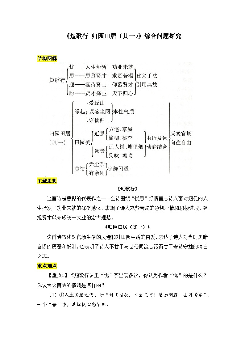 人教统编版高中语文必修上册第三单元  7*《短歌行、归园田居（其一）》综合问题探究   讲义第1页
