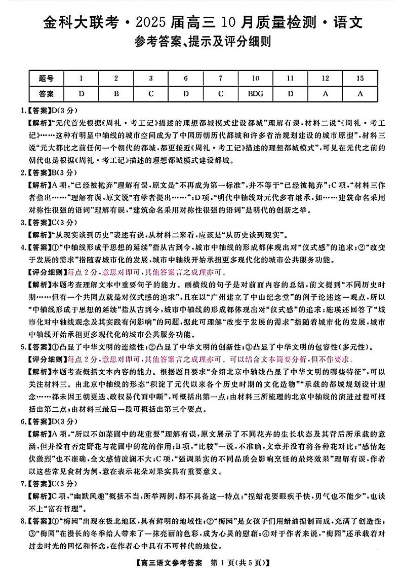 2025届高三金科新未来10月联考 语文答案第1页