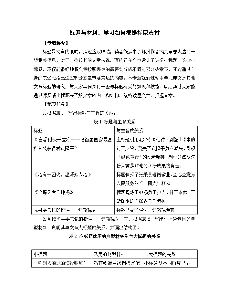 高中语文 人教统编版 选择性必修上册《【写作专题】标题与材料：学习如何根据标题选材》教学设计第1页