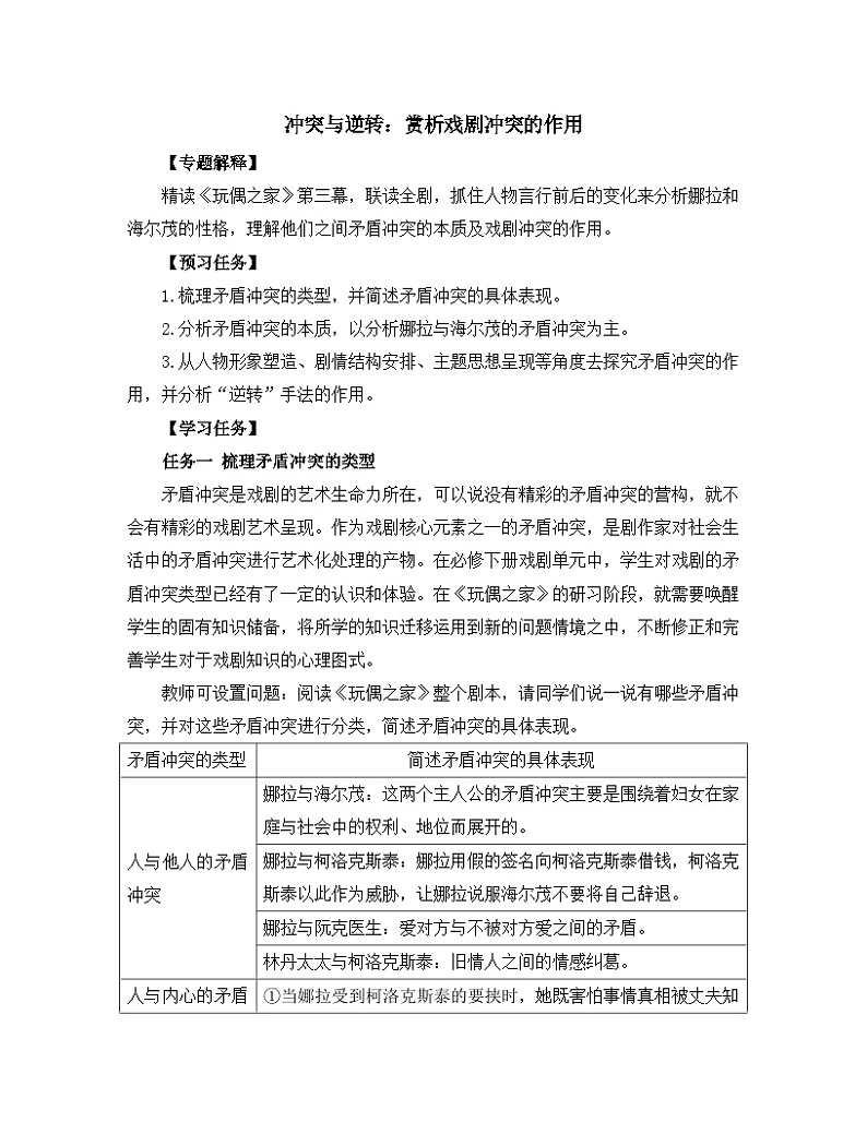 高中语文 人教统编版选择性必修中册《【阅读专题1】冲突与逆转：赏析戏剧冲突的作用》教学设计第1页