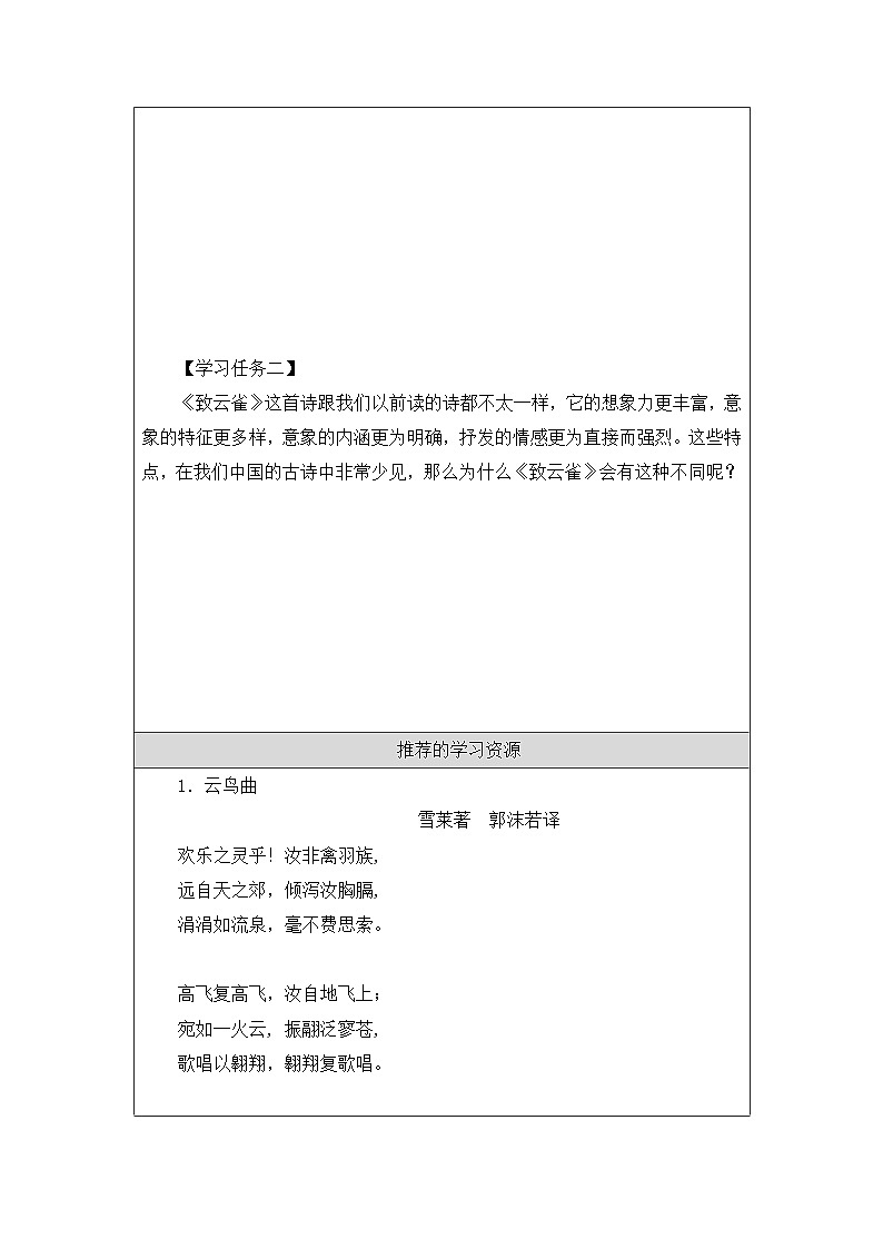 人教统编版高中语文必修 上册1-2.4*《致云雀》——一曲追求自由的青春礼赞-学习任务单第2页