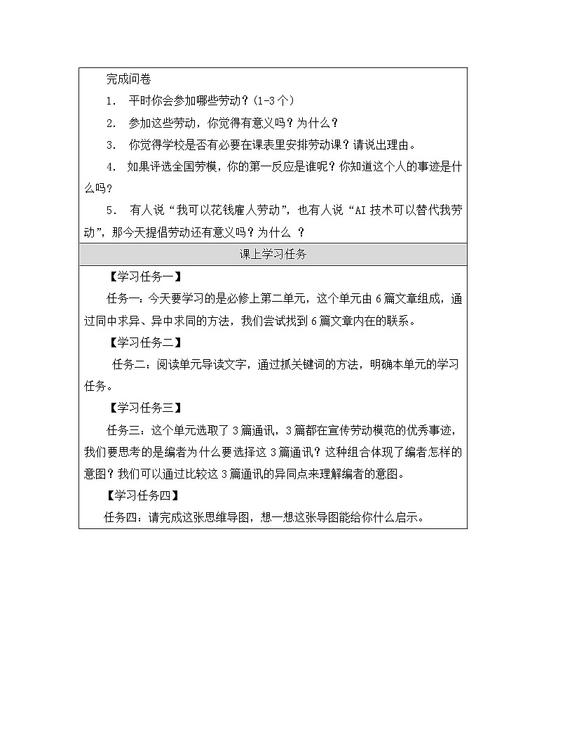 人教统编版高中语文必修 上册第二单元劳动光荣起始课-学习任务单第2页