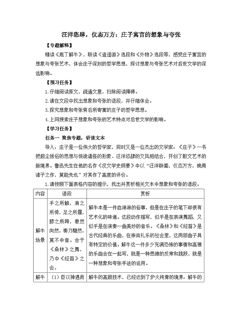 人教统编版高中语文必修 下册 第一单元《【阅读专题3】汪洋恣肆，仪态万方：庄子寓言的想象与夸张》教学设计第1页