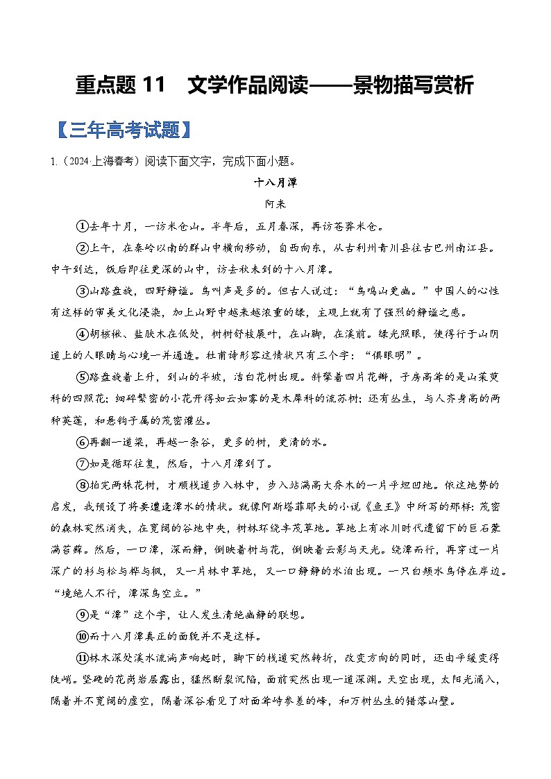 重点题12 文学作品阅读——景物描写赏析-备战2025年高考语文重点题型专练（上海专用）（解析版）第1页