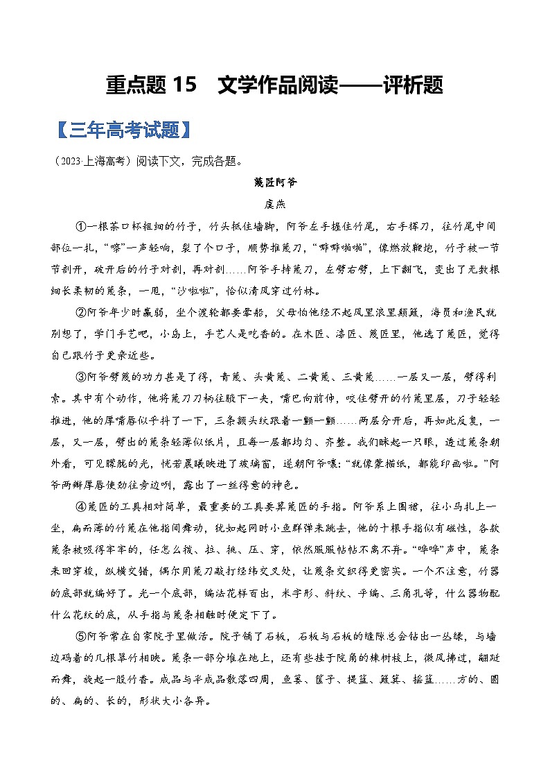 重点题15 文学作品阅读——评析题-备战2025年高考语文重点题型专练（上海专用）（原卷版）第1页