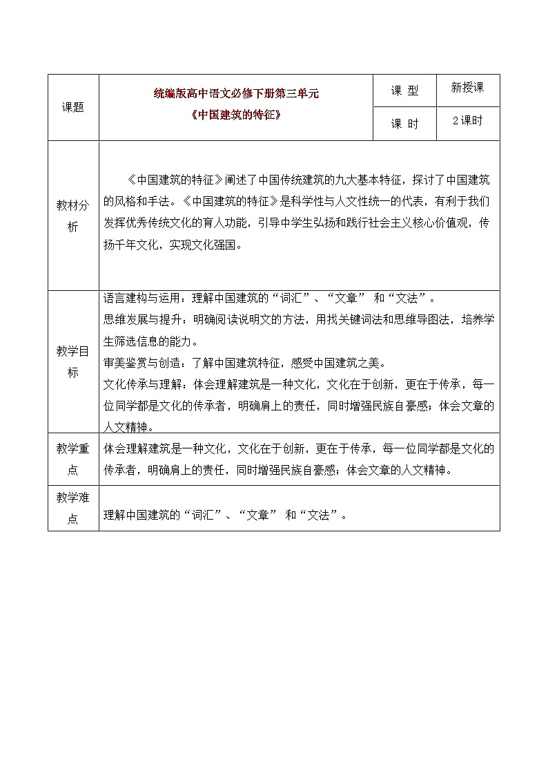 部编版2024高中语文必修下册8 《中国建筑的特征》教学设计第1页