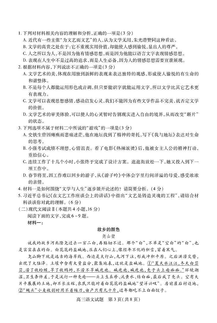 语文丨山西省运城市2025届高三1月期末调研测试语文试卷及答案第3页