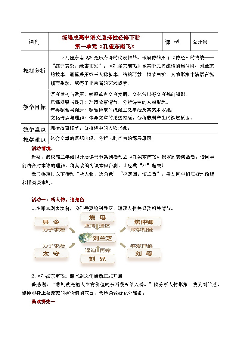 部编版2025高中语文选择性必修下册《孔雀东南飞》公开课-教案设计 教案第1页
