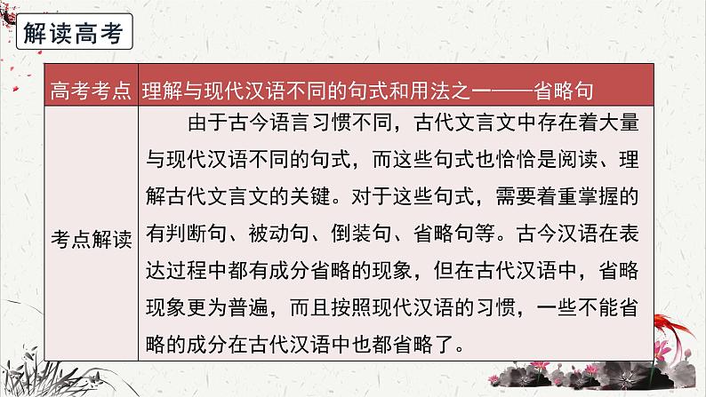 人教统编版高中语文选择性必修中册高考考点聚焦：掌握文言文的特殊句式之-省略句  课件第4页