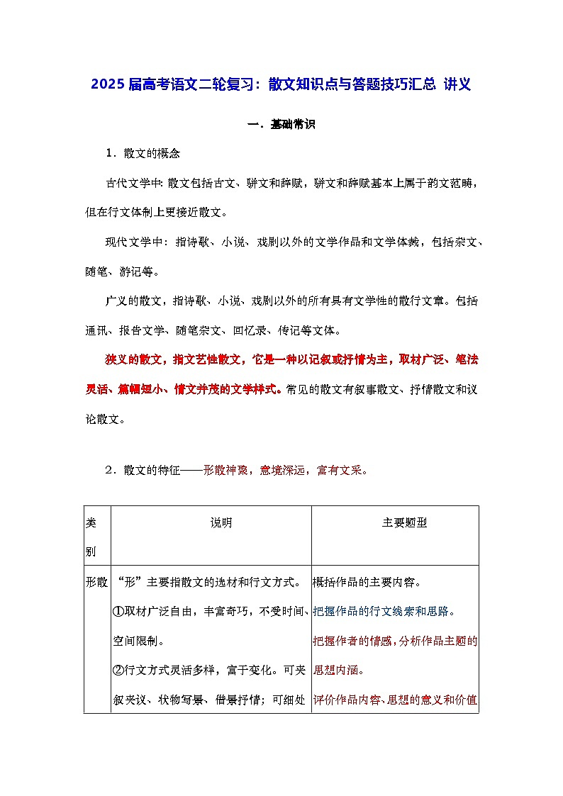 2025届高考语文二轮复习：散文知识点与答题技巧汇编 讲义第1页