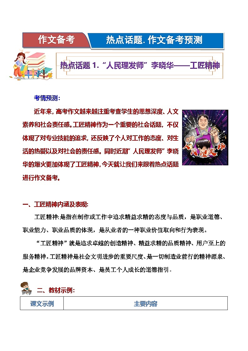热点话题01：“人民理发师”李晓华（工匠精神）-2025年高考语文作文主题预测 最新素材 模拟范文讲练第1页