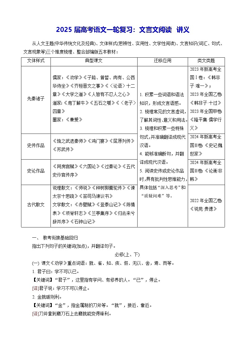 2025届高考语文一轮复习：文言文阅读 讲义（含练习题及答案）第1页