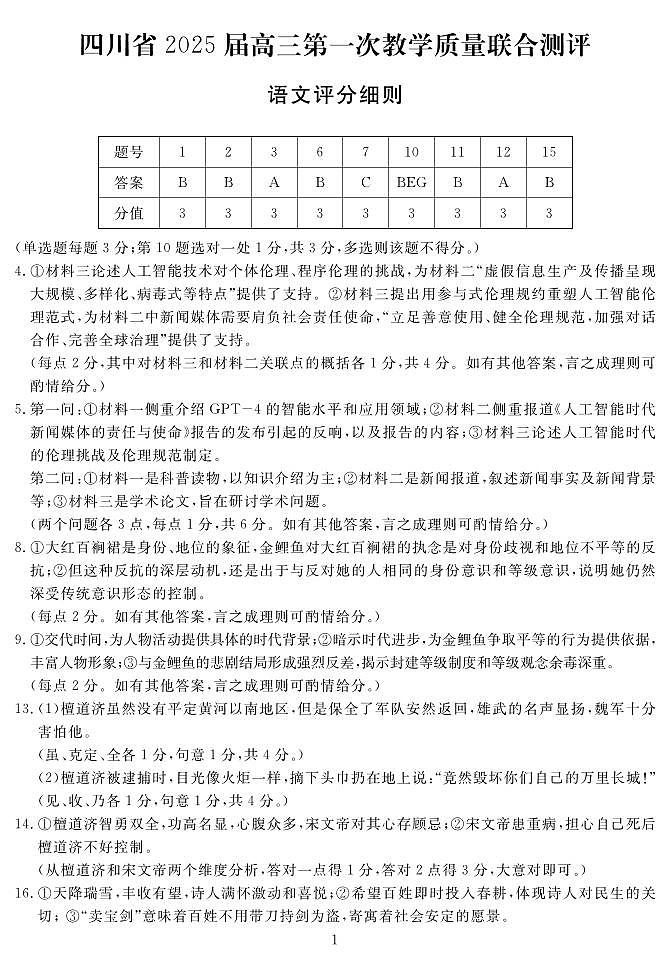 2025届高三2月入学联测语文答案第1页