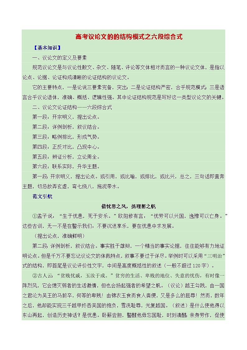 高考议论文的结构模式之六段综合式-备战2025年高考语文议论文写作全面指导（全国通用） 学案第1页