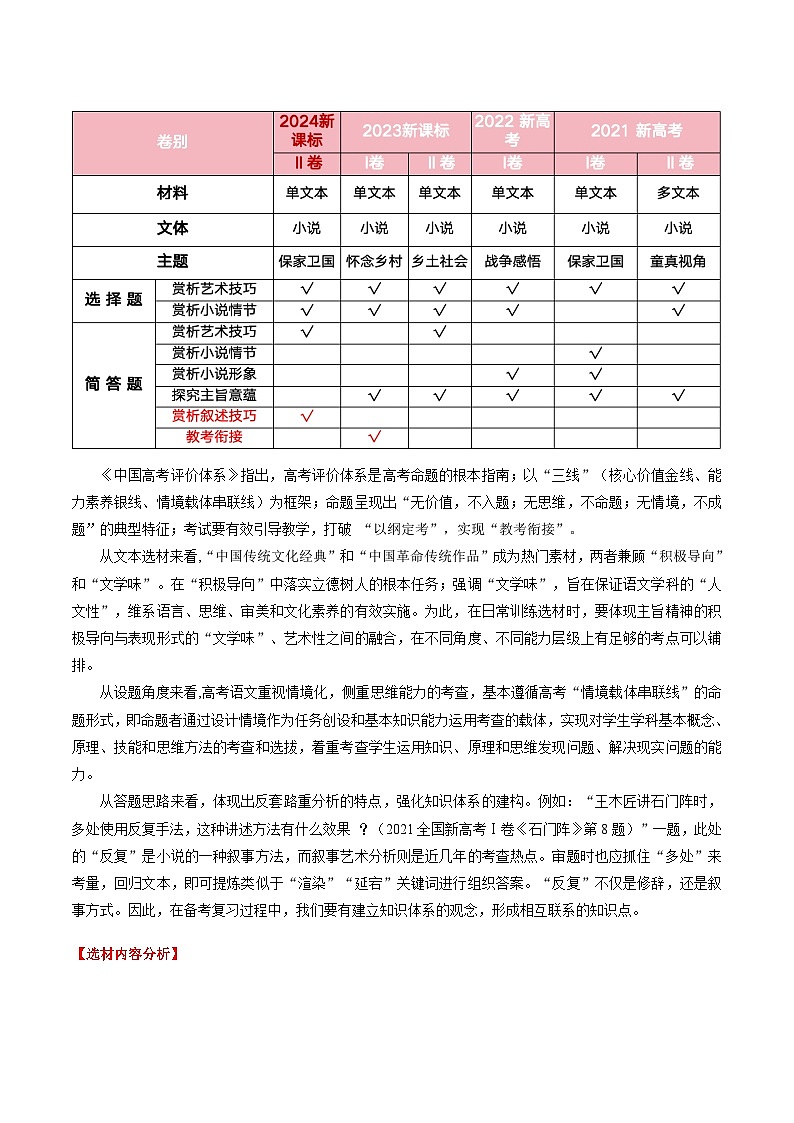 新高考语文一轮复习讲练测小说阅读第一课（讲义）原卷版第2页