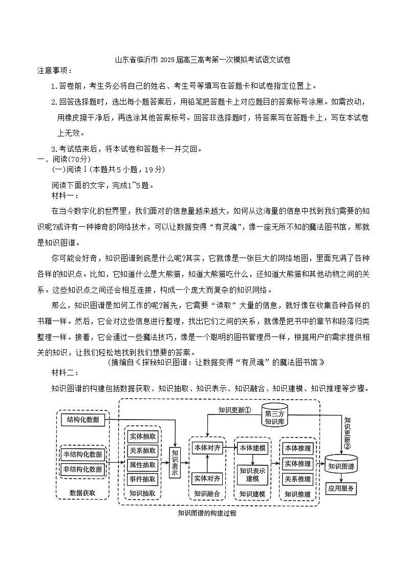 山东省临沂市2025届高三第一次模拟考试语文试卷（含答案）第1页
