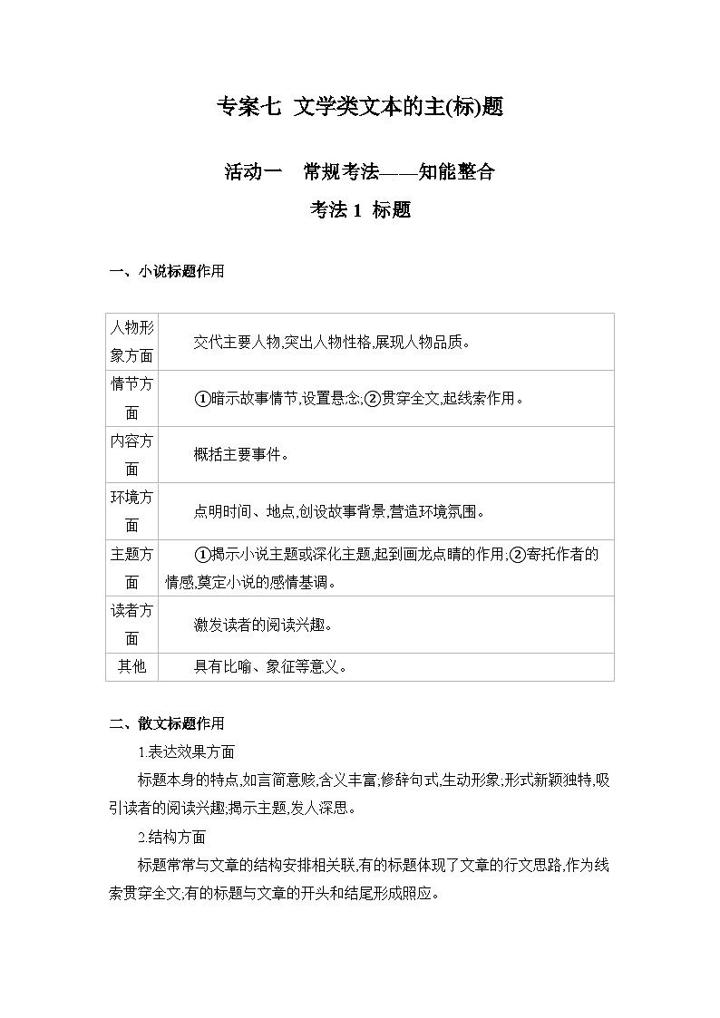 2025届高考语文二轮复习试题 专题二 文学类文本阅读（含双文本） 专案七 文学类文本的主（标）题第1页