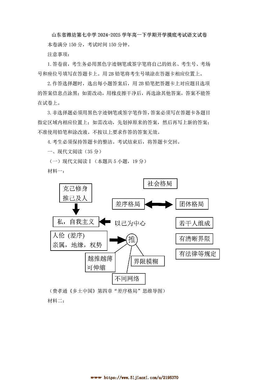 2024～2025学年山东省潍坊市第七中学高一下开学摸底考试语文试卷(含答案)第1页