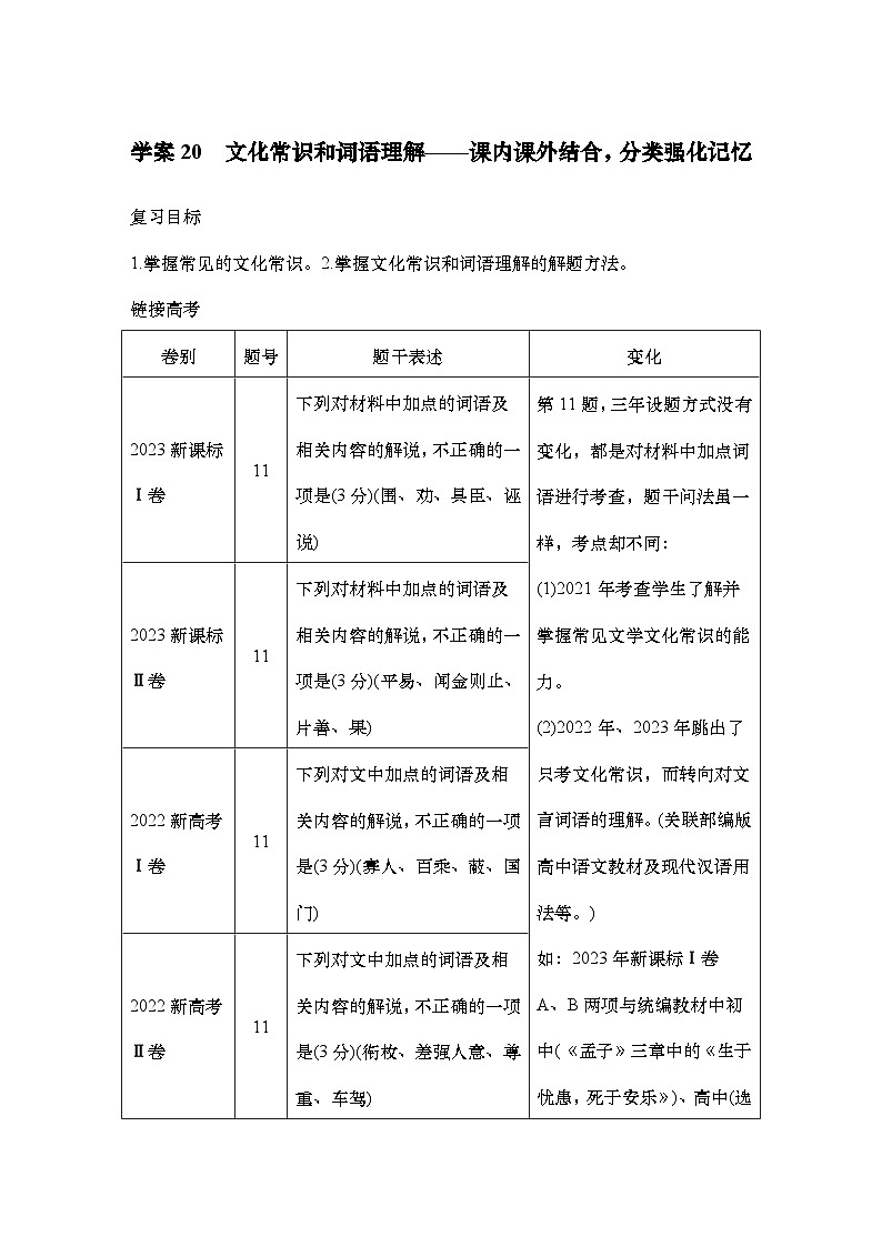2025届高中语文一轮复习学案20　文化常识和词语理解（含答案）第1页