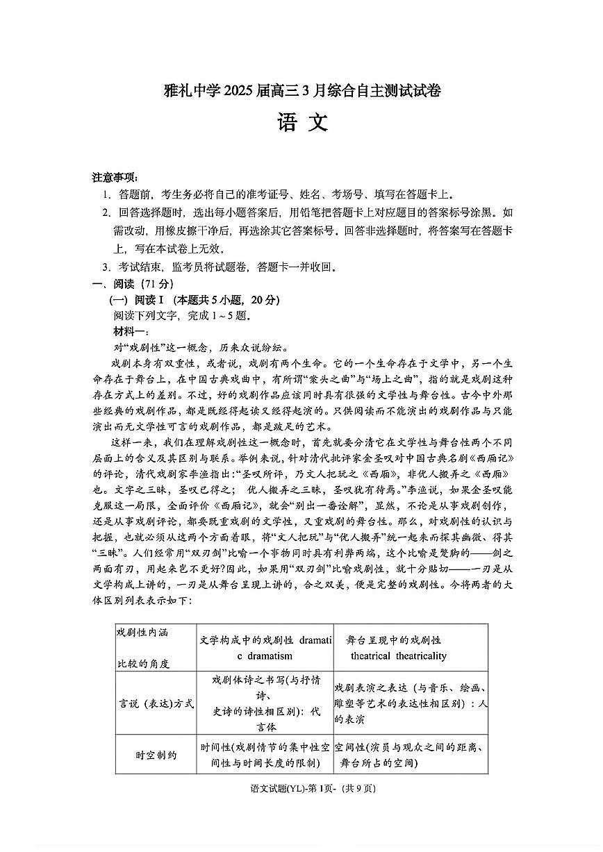 2025届湖南省长沙市雅礼中学高三下学期3月综合自主测试语文试题及答案第1页