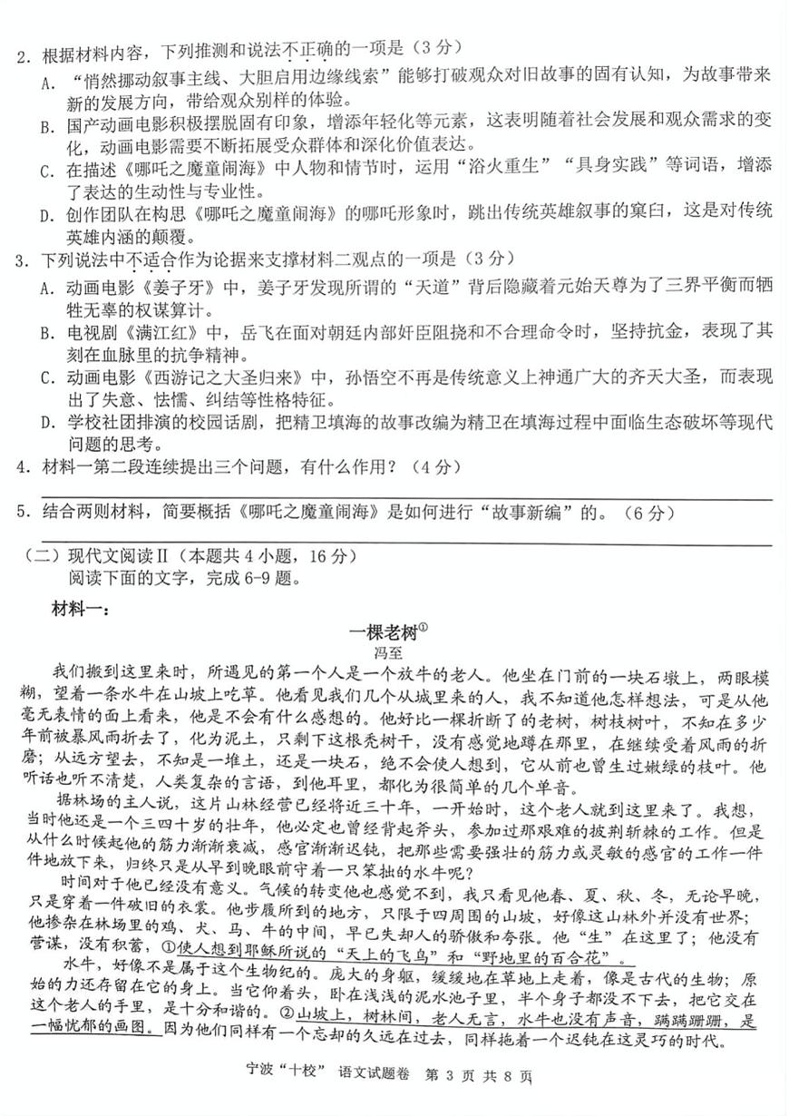 浙江省宁波十校2025届高三下学期3月联考试题 语文 PDF版含解析第3页