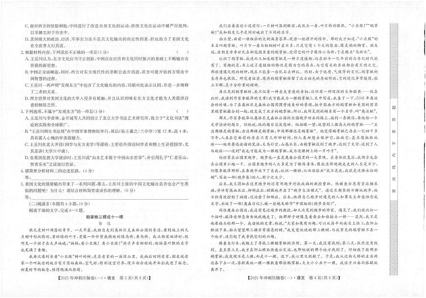 2025年普通高中学业水平选择性考试冲刺压轴卷（一)语文试卷第2页