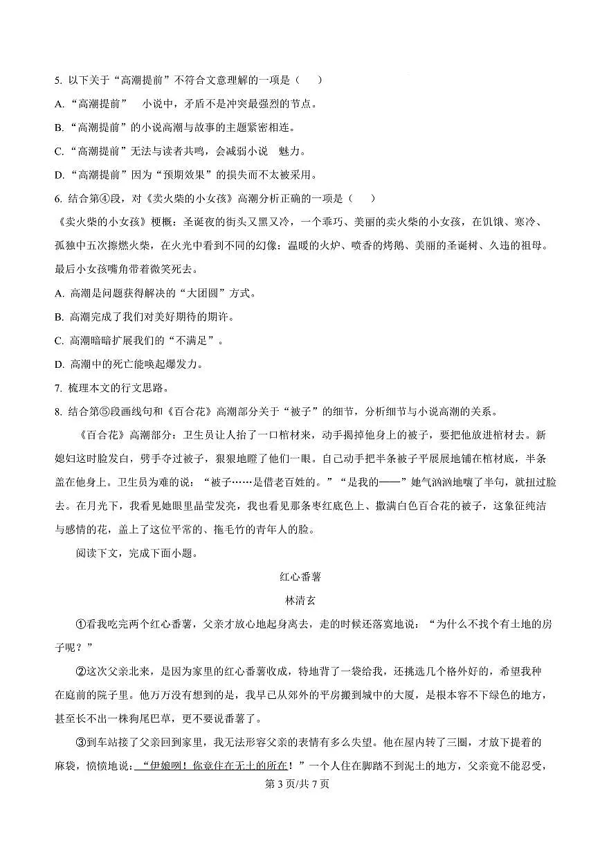 上海市上海中学2024-2025学年高一上学期期末语文试题第3页