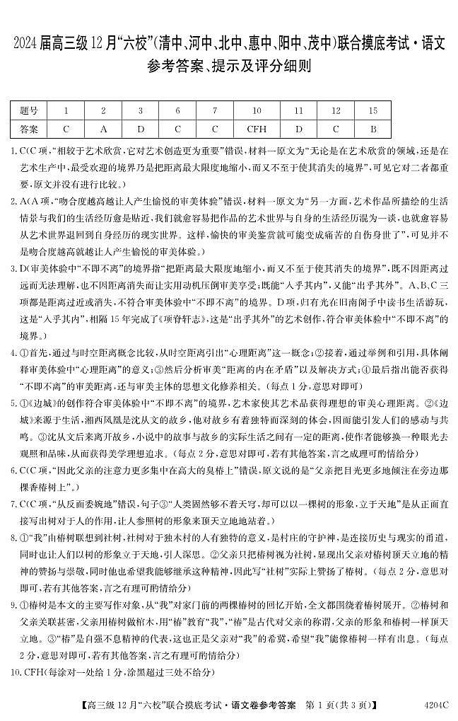 广东省六校（清中、河中、北中、惠中、阳中、茂中）2023-2024学年高三12月摸底考试语文答案第1页