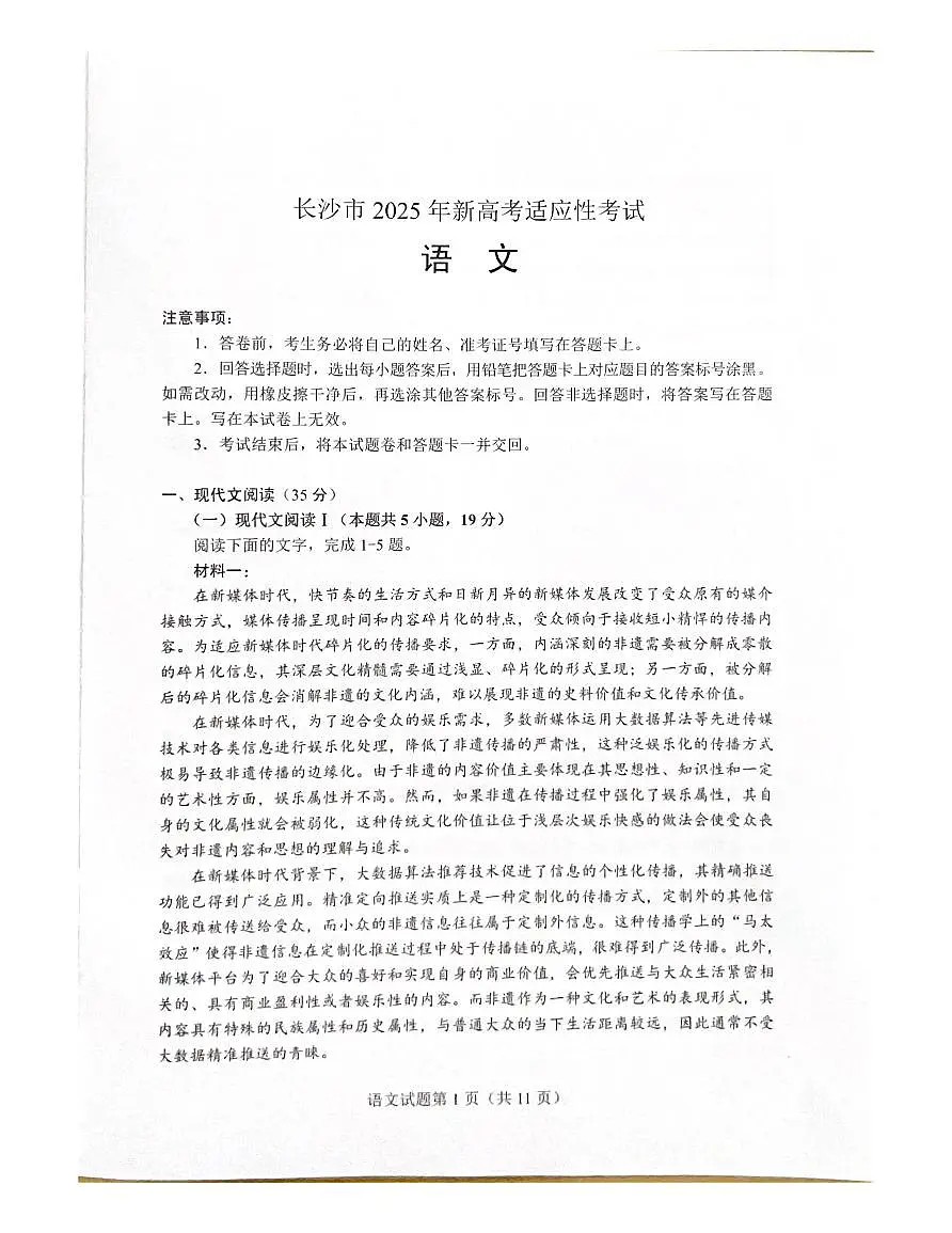 湖南省长沙市2024-2025学年高三上学期新高考适应性考试语文试卷（含答案）第2页