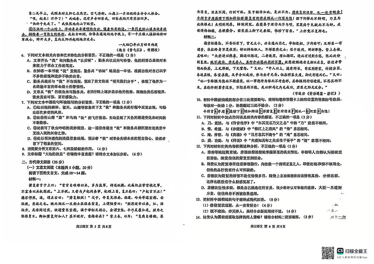 江苏省南京市、盐城市2025届高三上学期第一次模拟考试语文试卷（含答案）第3页