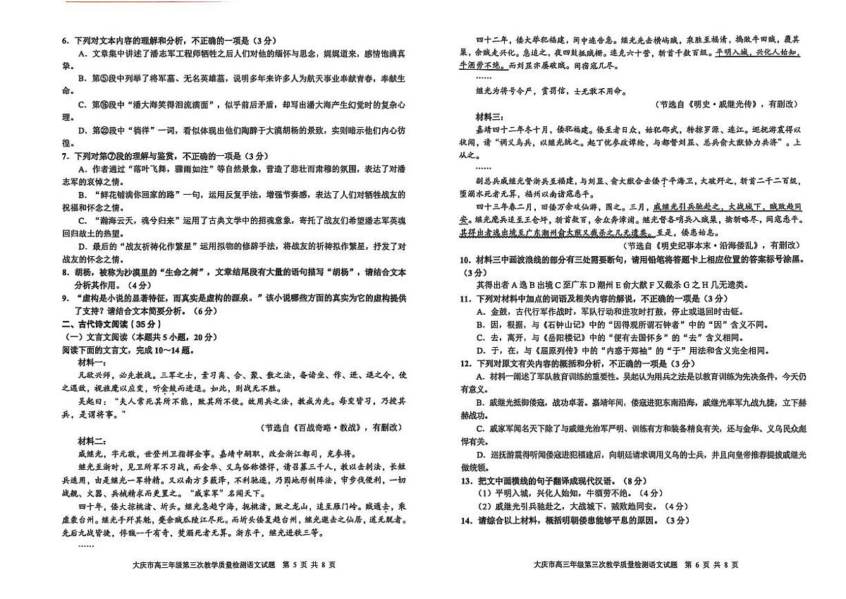 黑龙江大庆市2025届高三高考模拟第三次模拟-语文试题+答案第3页