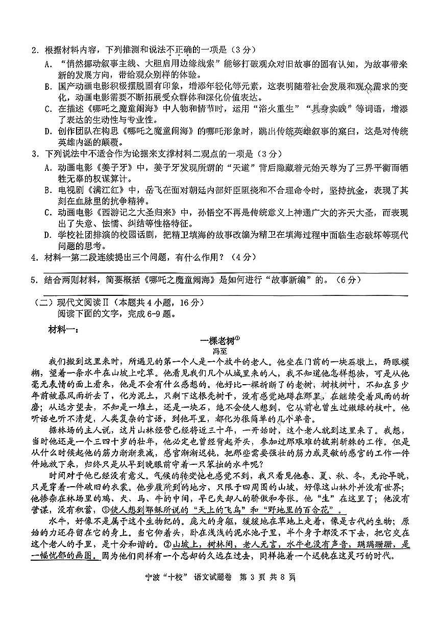 浙江省宁波十校联考2024-2025学年高三下学期3月联考语文试卷（含答案）第3页