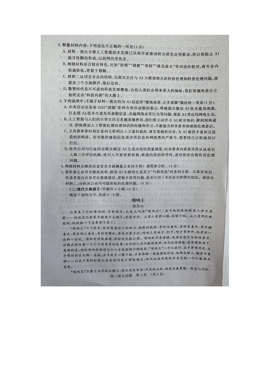 山东省名校联盟2024—2025学年高二下学期期中检测语文试题（图片版，含答案）第3页