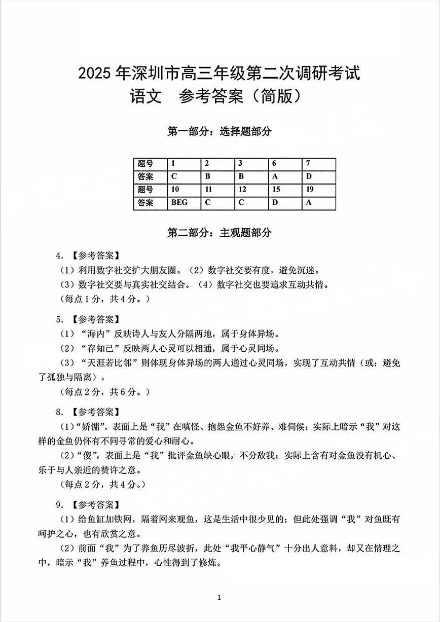 2025年深圳市高三年级第二次调研考试语文答案第1页