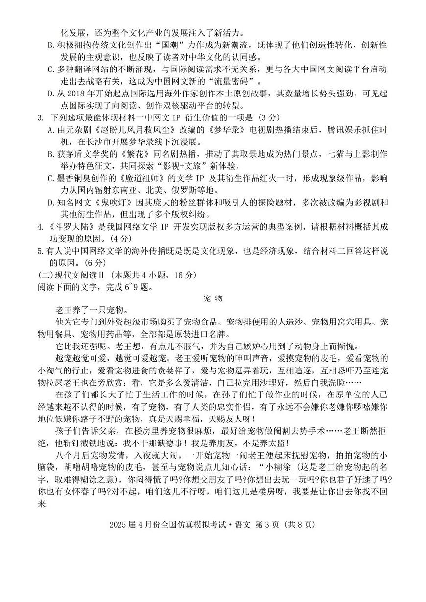 陕西省2025届高三高考模拟仿真模拟-语文试题+答案第3页