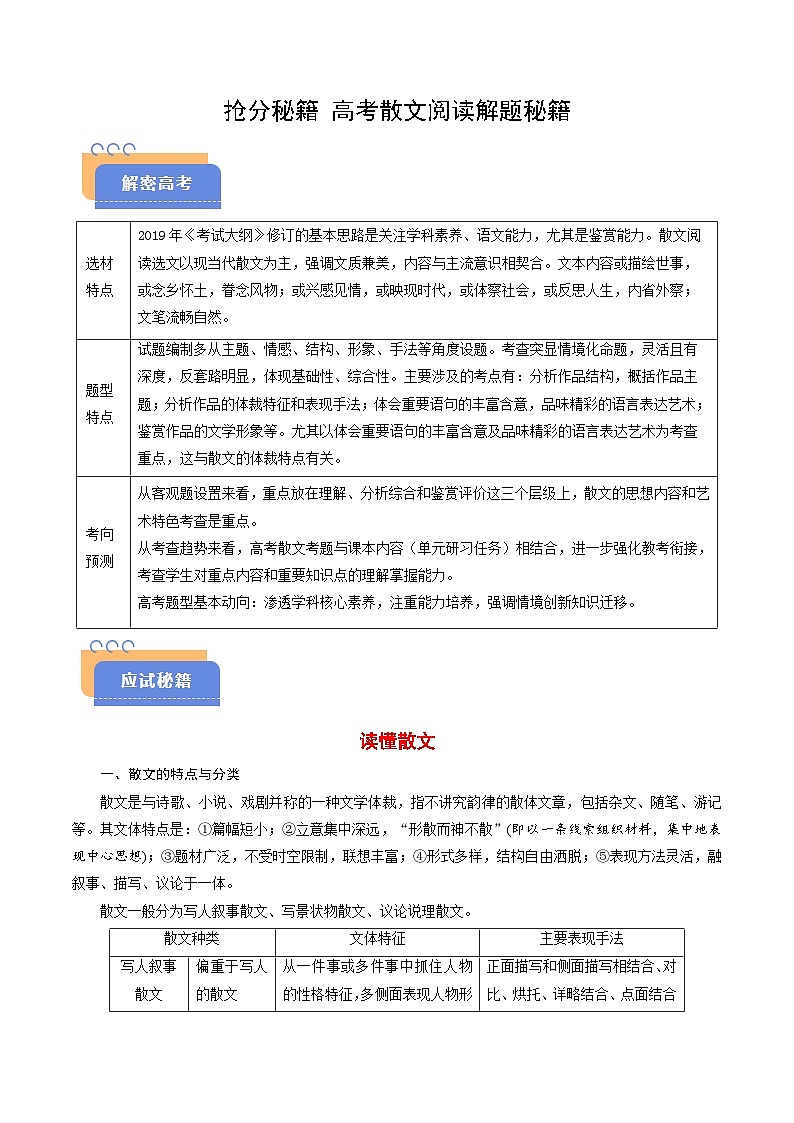 2025年高考语文（新高考专用）抢分秘籍高考散文阅读解题秘籍（学生版）第1页