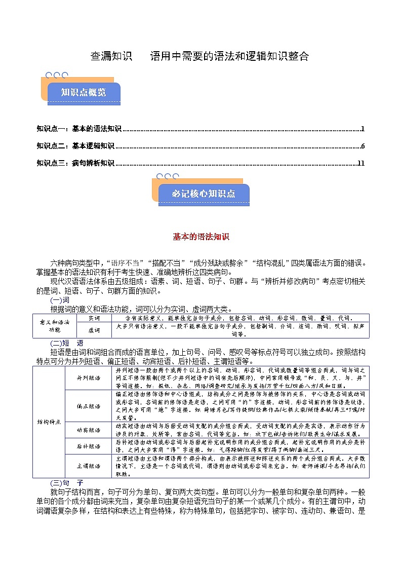 2025年高考语文（新高考专用）查漏知识语用中需要的语法和逻辑知识整合练习第1页