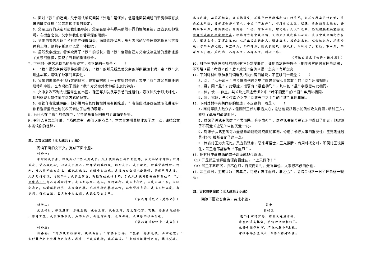 2025届广东省深圳市光明区高三模拟练习语文测试题（二）（有答案 有解析）第3页