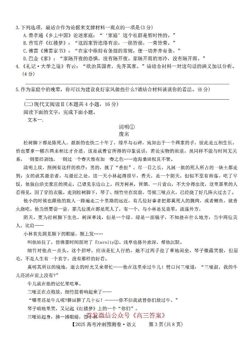 2025学年高三下学期5月冲刺压轴卷（三）语文试题及答案第3页